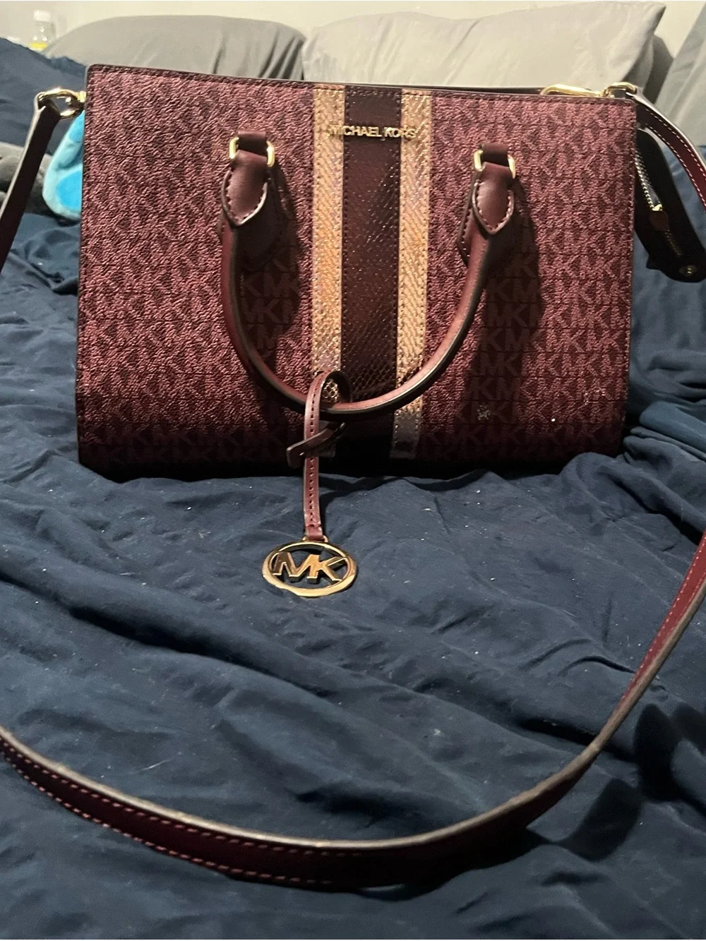 Michael Kors Maroon Signature Satchel with Gold Accents